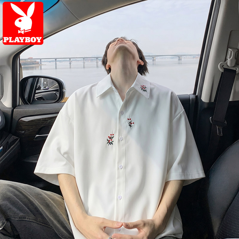 花花公子冰丝短袖衬衫男夏季宽松刺绣白色衬衣青少年半袖休闲外套