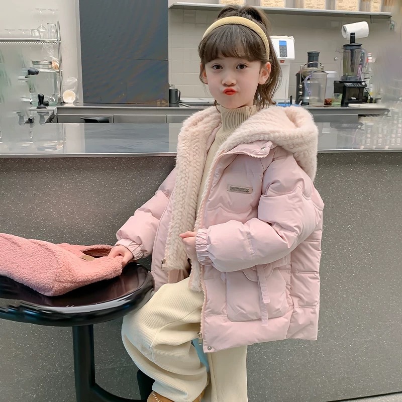 2025冬新款假两件女童羽绒棉服中长款加厚保暖连帽8外套9棉袄14岁