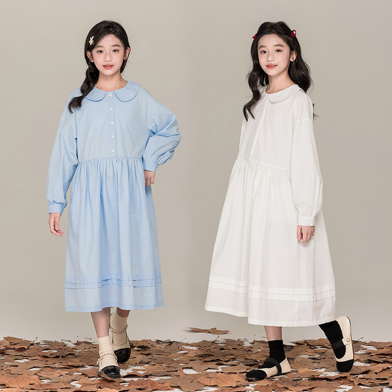 女童娃娃领长袖连衣裙2026新款中大童日系宽松翻领纯棉中长款裙子
