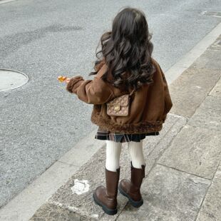 女童皮草外套2025冬季皮毛一体立领机车服短款宝宝儿童羊羔毛外套