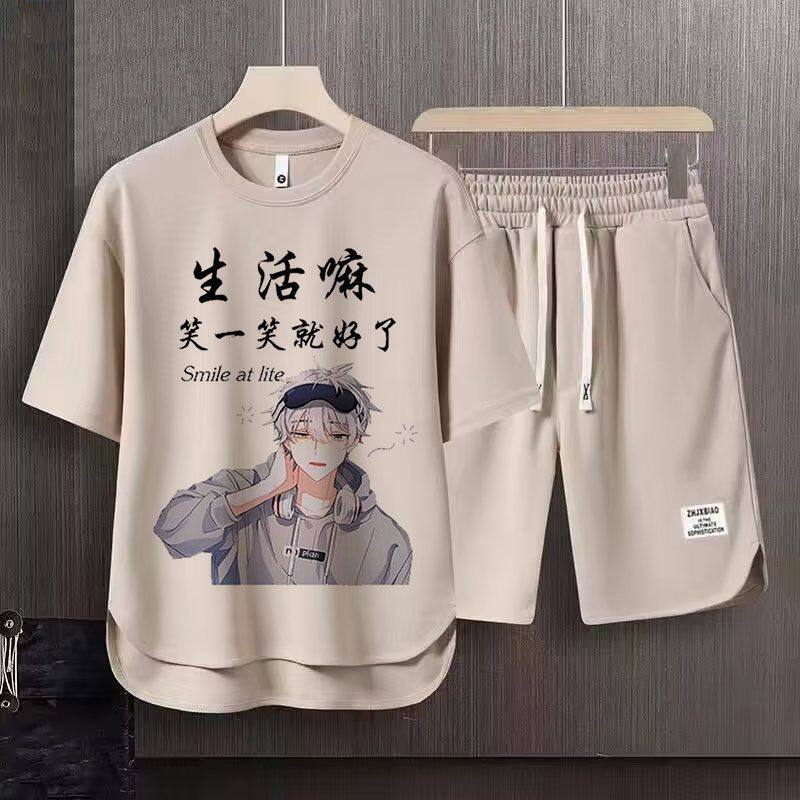 夏季男士套装短袖休闲冰丝宽松薄款短裤青少年男装运动帅气两件套