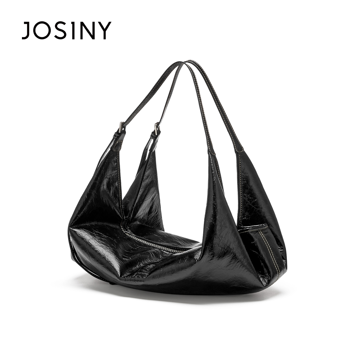 JOSINY黑色油蜡皮腋下包