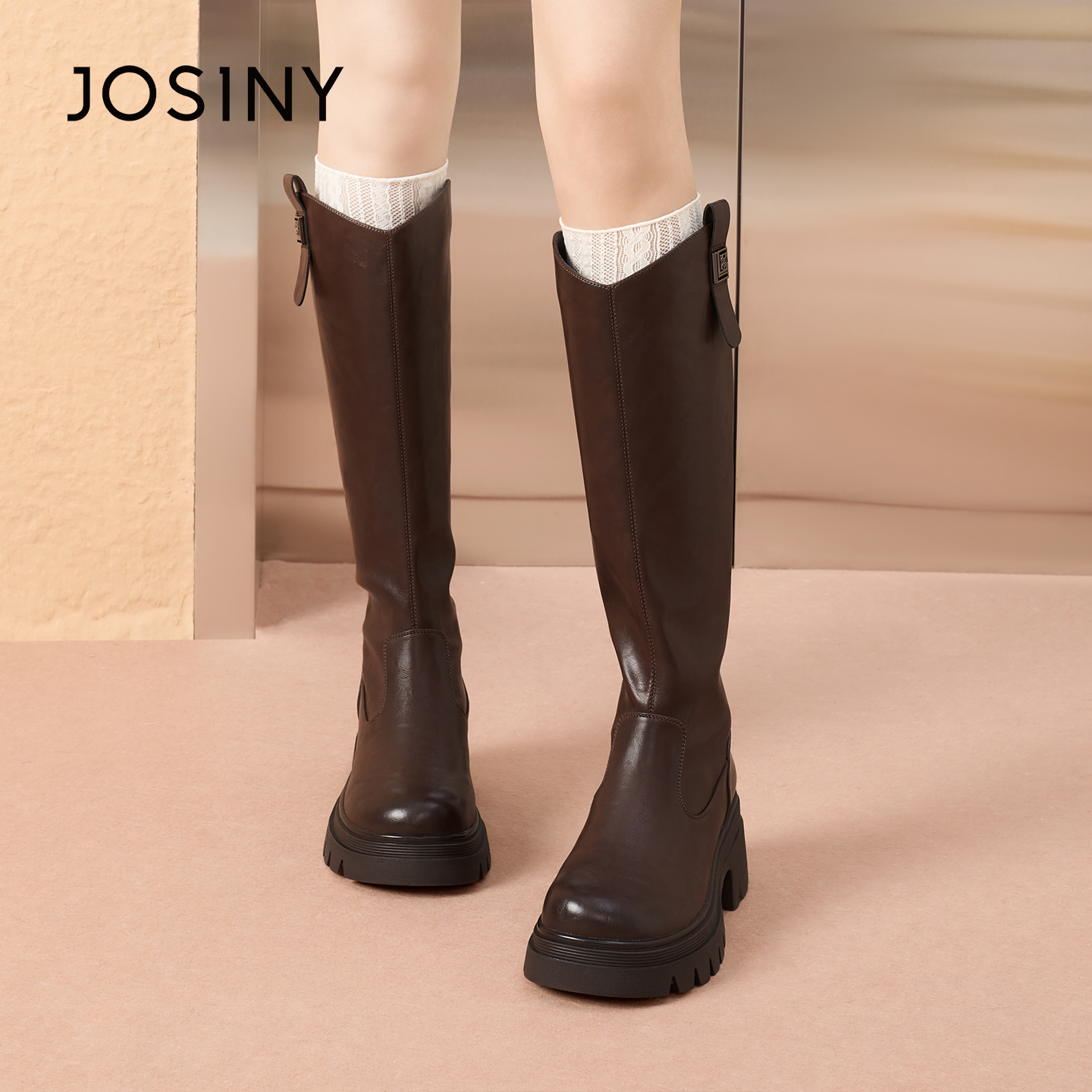 卓诗尼美拉德风长筒靴厚底骑士靴