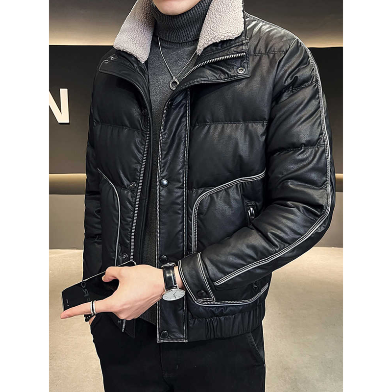 羊羔毛领男士皮面羽绒服