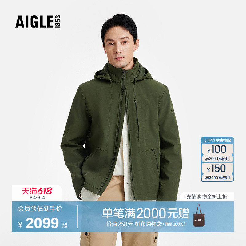 AIGLE艾高男士外套POLARTEC抓绒户外休闲法式上衣秋季软壳夹克