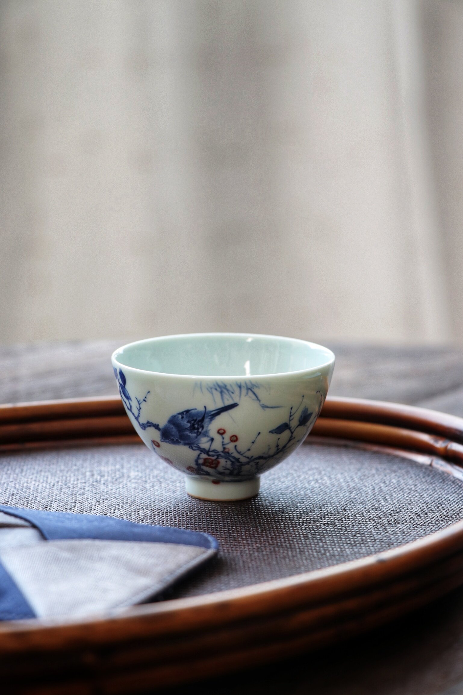 景德镇静心斋青花釉里红花鸟鸡心杯刘咏辉作品