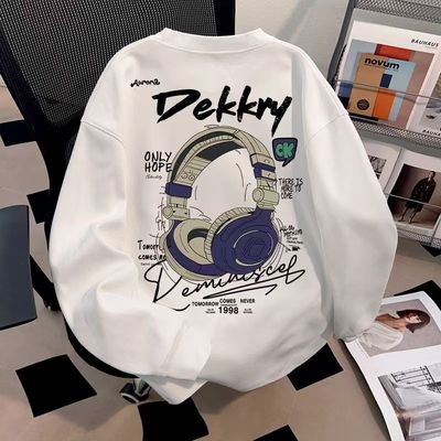 男童美式春秋圆领卫衣2025新款中大童痞帅宽松秋冬加绒无帽上衣潮