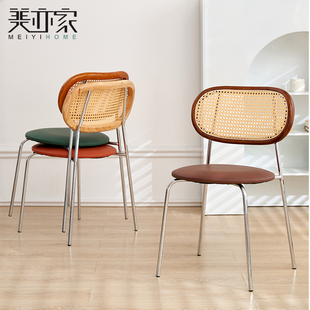 北欧藤编餐椅家用轻奢中古实木网红餐厅餐椅现代简约靠背休闲椅子