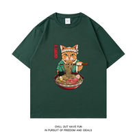 A trendy Japanese retro ramen cat print short-sleeved T-shirt for men, made of pure cotton, loose, large-sized, casual, round-neck, half-sleeved thumbnail 5