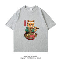 A trendy Japanese retro ramen cat print short-sleeved T-shirt for men, made of pure cotton, loose, large-sized, casual, round-neck, half-sleeved thumbnail 7