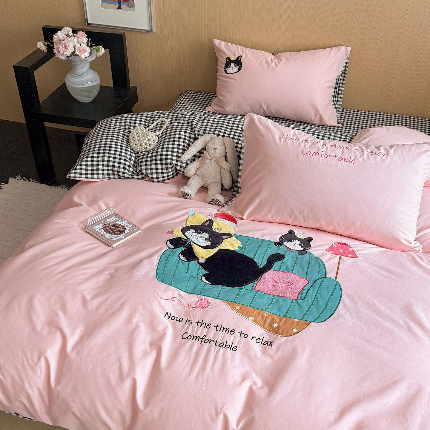 女童床上四件套全棉四季通用粉色卡通 可爱猫咪被套女孩格子床单,床上用品,床品套件/四件套/多件套,淘宝优惠券,粉丝福利购,淘宝优惠卷