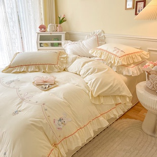 黄色四件套全棉纯棉女孩高级感小兔子儿童床上床单被套女儿房春夏