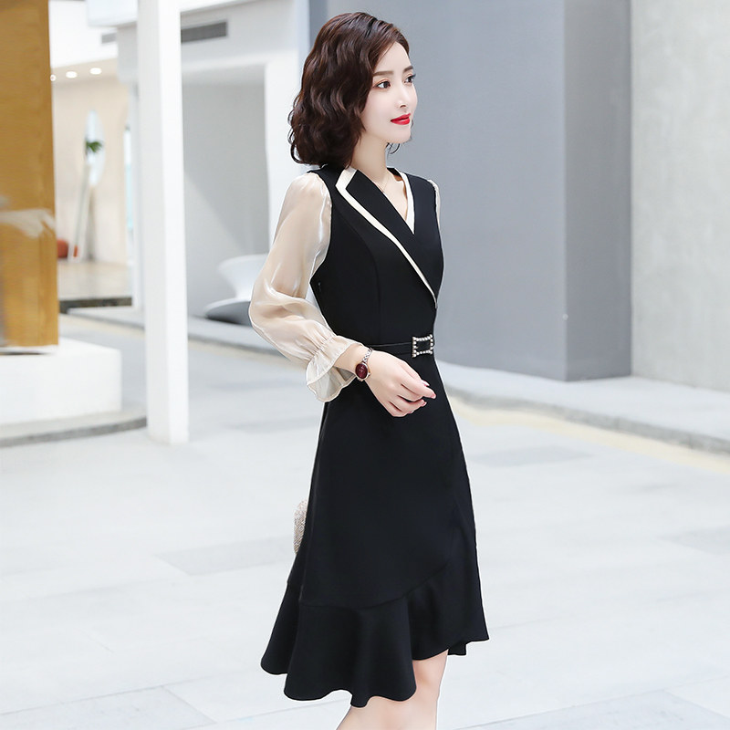 法式连衣裙女2020新款秋季长裙收腰显瘦名媛气质黑色长袖鱼尾裙子