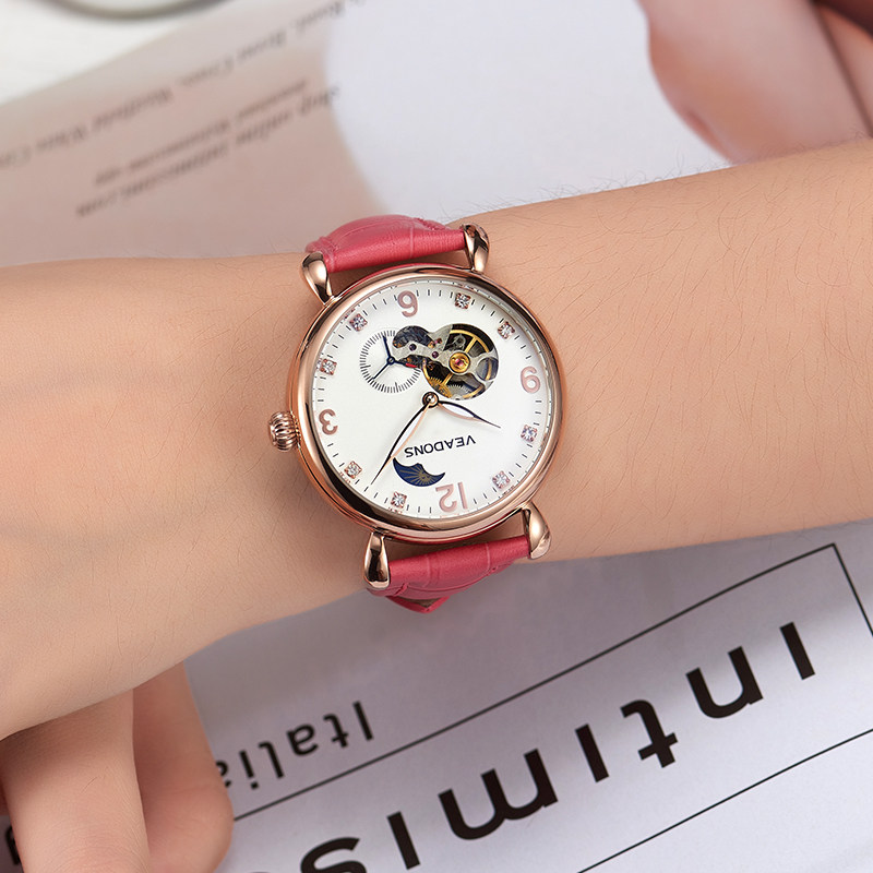 威顿手表女士全自动机械表时尚潮流简约夜光皮带防水女表2018新款