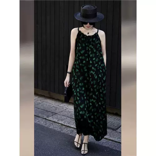 Черное летнее платье, длинная юбка, по фигуре, французский стиль, цветочный принт