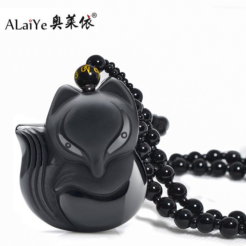 天然乌金黑曜石狐狸吊坠女水晶宝石长款狐狸项链男毛衣链首饰饰品