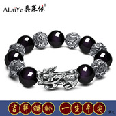 天然黑曜石配纯足泰银貔貅手链复古六字真言散珠串本命马年男礼物