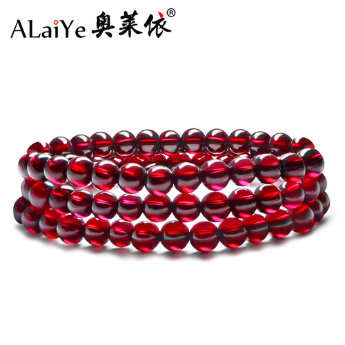 天然酒红石榴石手链女生多三圈