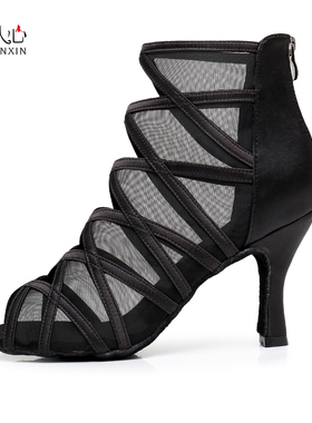 2025款黑色拉丁舞鞋女高跟跳舞鞋salsa专业软底高帮舞蹈靴现代舞