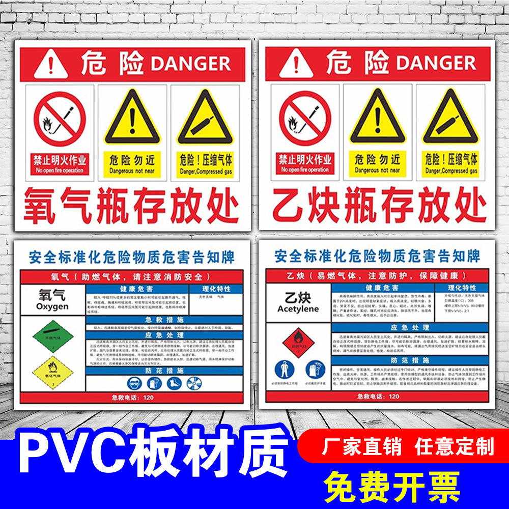 乙炔氧气瓶安全存放标识牌警
