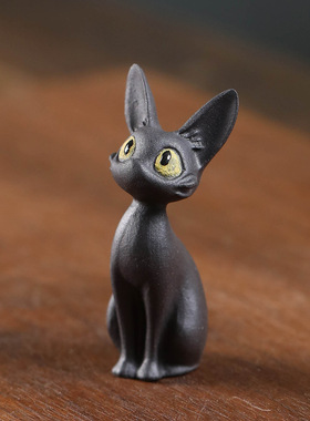 宜兴紫砂茶宠招财猫摆件精品手工粉浆动物小黑猫家居手办可养
