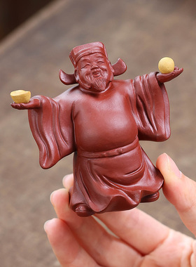 宜兴紫泥财神手工雕塑茶宠可养