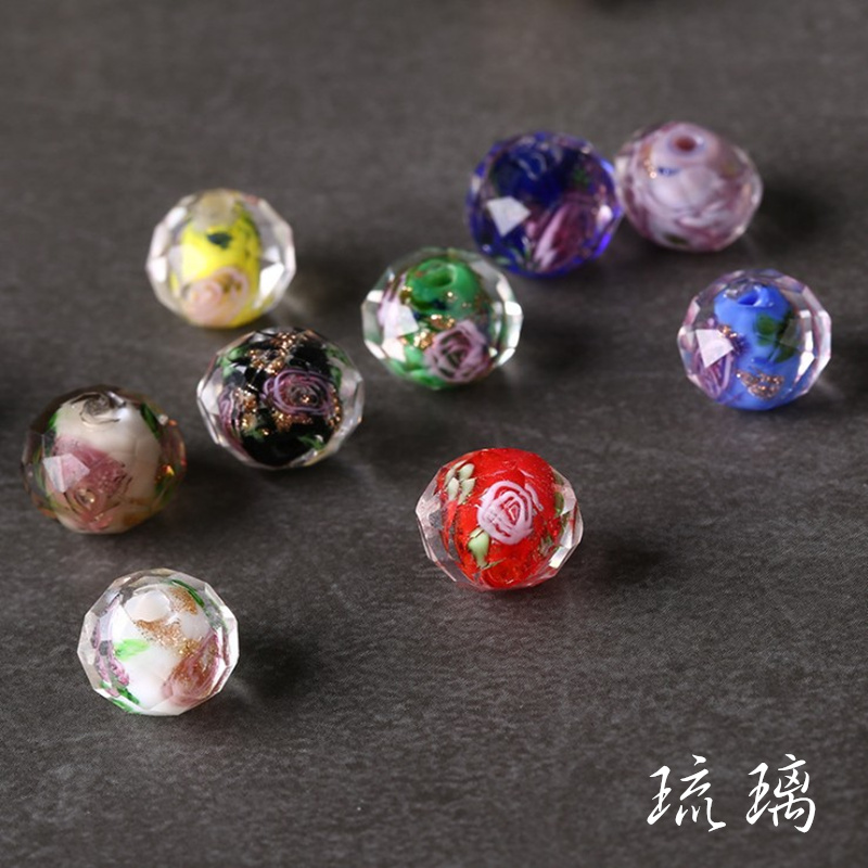 彩色切面内嵌花日式琉璃珠 古法琉璃散珠 手工diy手链坠子配件