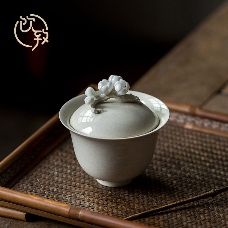 饮致草木灰釉拈花盖碗茶杯套装日式单个功夫茶三才碗泡茶器不烫手
