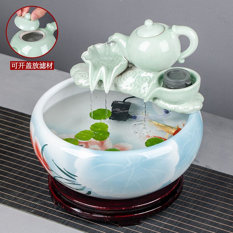 景德镇陶瓷鱼缸家用流水喷泉小金鱼缸大号养鱼盆摆件客厅加湿造景