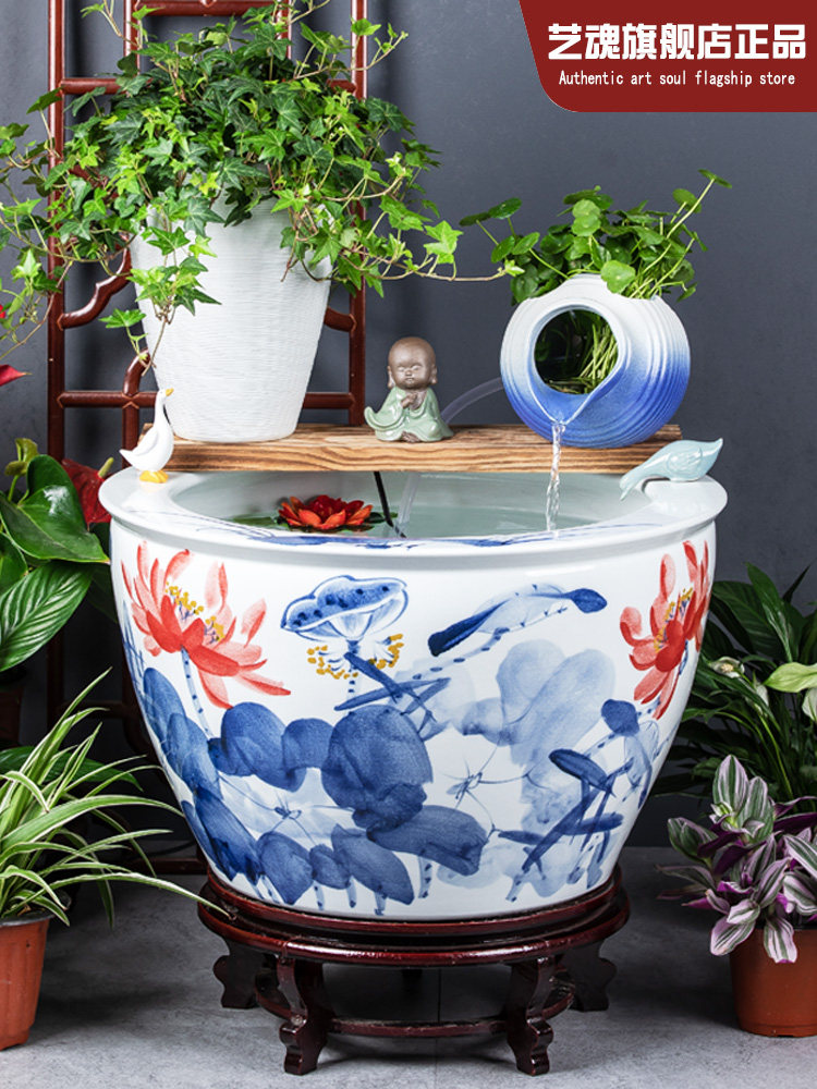 手绘陶瓷大缸古法养鱼缸阳台落地金鱼缸陶罐循环流水造景老式水缸