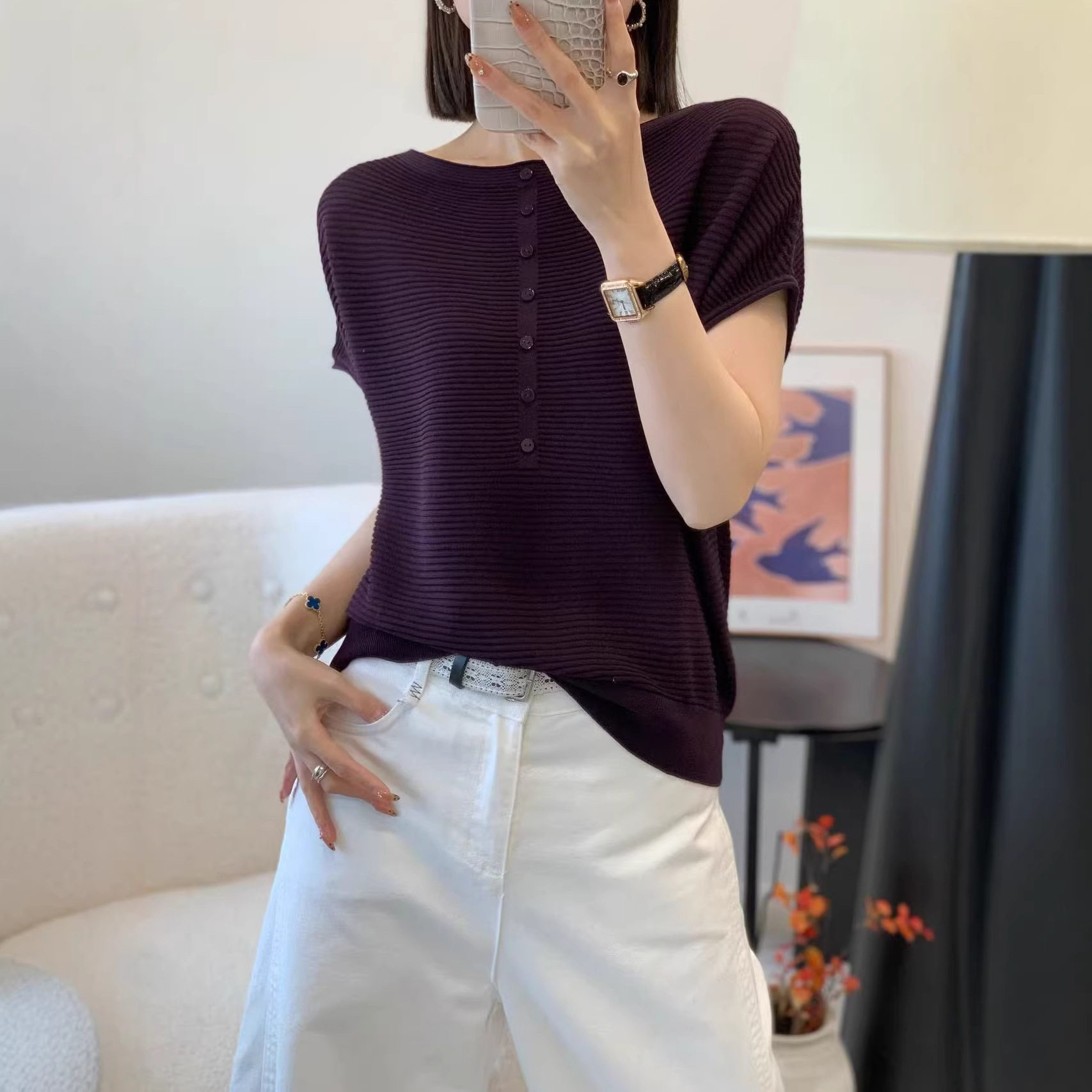 2026新款春装女装桑蚕丝短袖t恤圆领夏季显瘦针织衫上衣打底衫潮