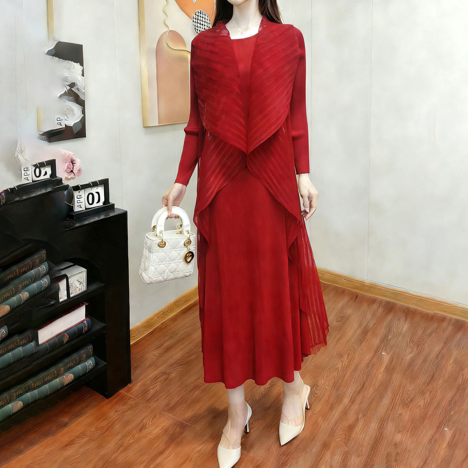 大码女装裙子质感感翻领假两件宽松显瘦纯色三宅长袖连衣裙子