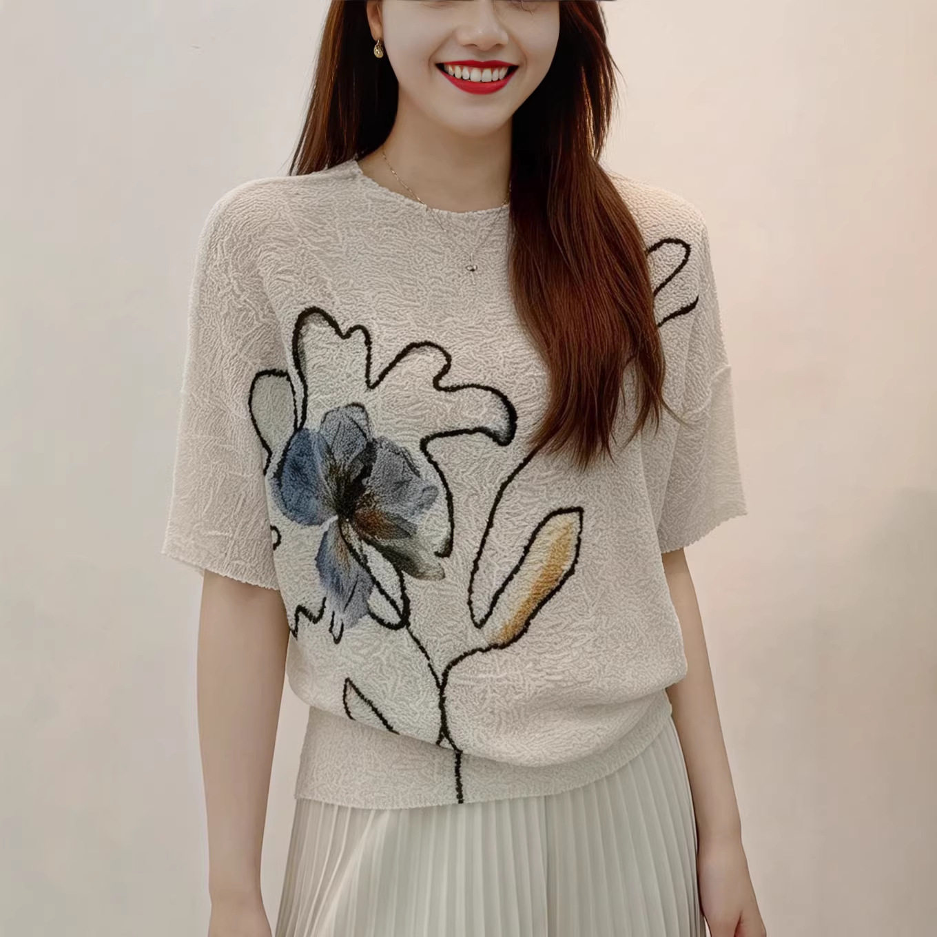 蝙蝠袖t恤女2026夏新款印花宽松套头小衫温柔风气质百搭三宅上衣