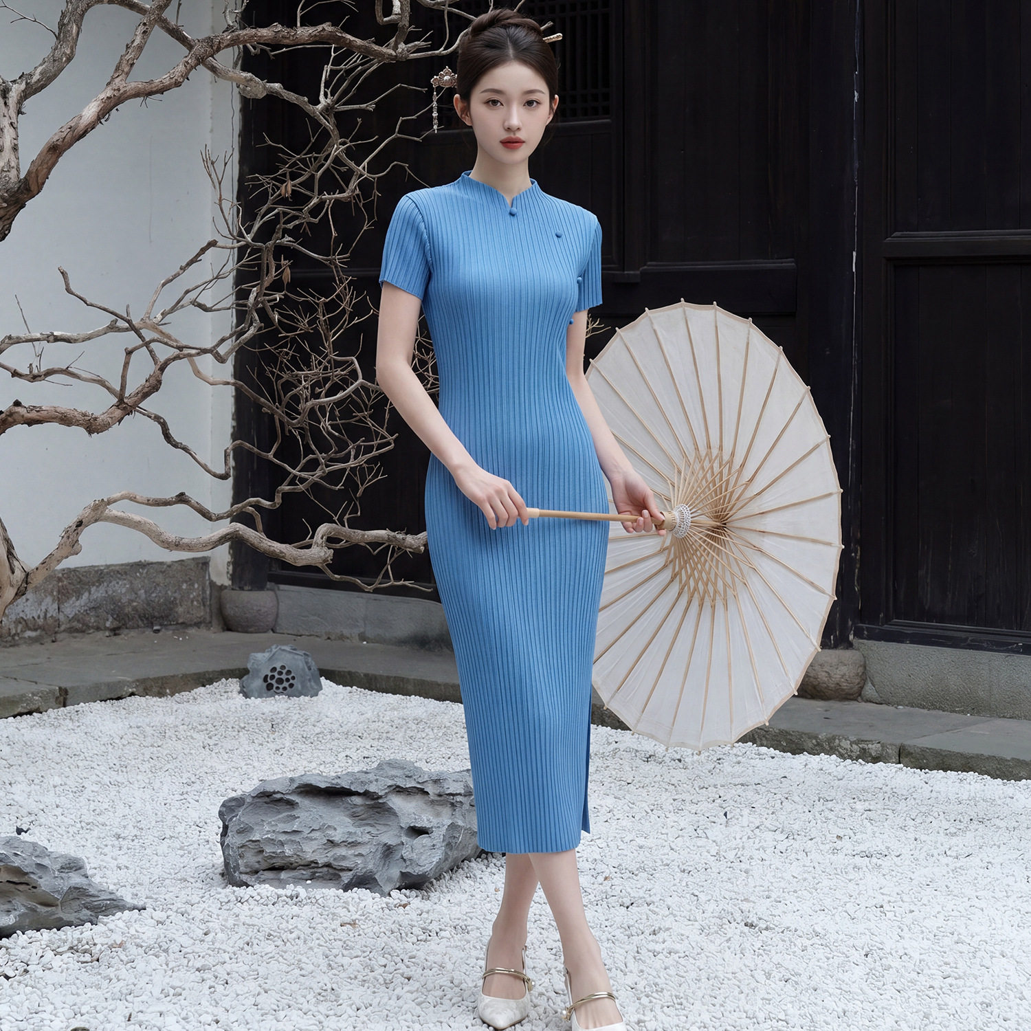 改良旗袍日常可穿宽松大码开叉复古立领盘扣中长裙优雅三宅连衣裙