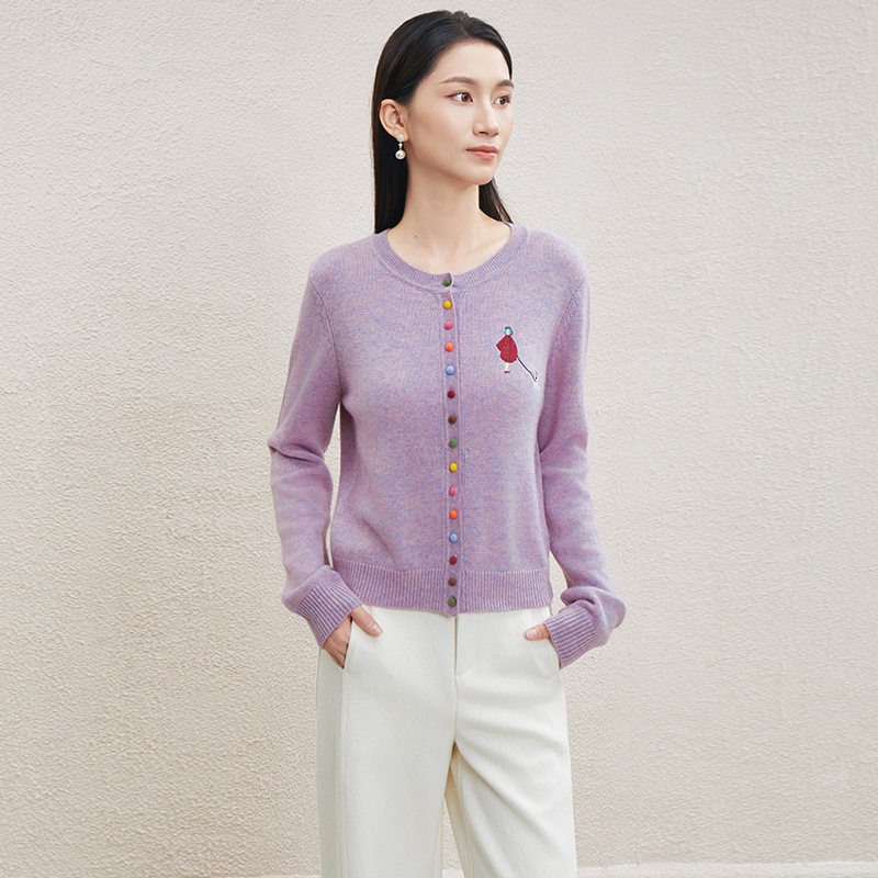春冬新款卡通刺绣彩色扣子针织开衫气质时尚百搭羊绒羊毛毛衣外套
