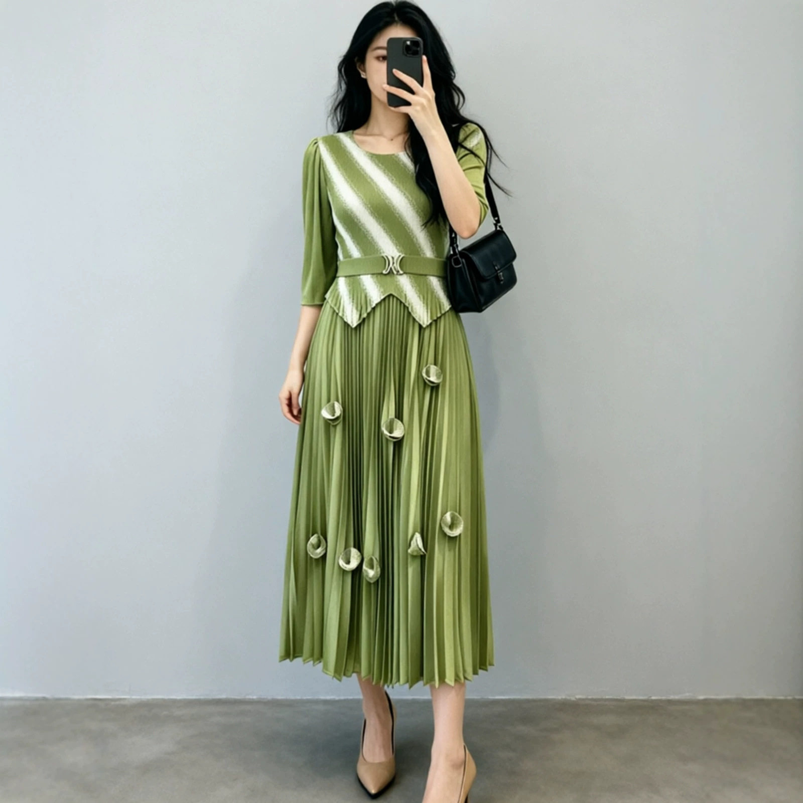 三宅设计感烫银连衣裙女中长款百褶裙子跨境女装礼服女感时尚气质