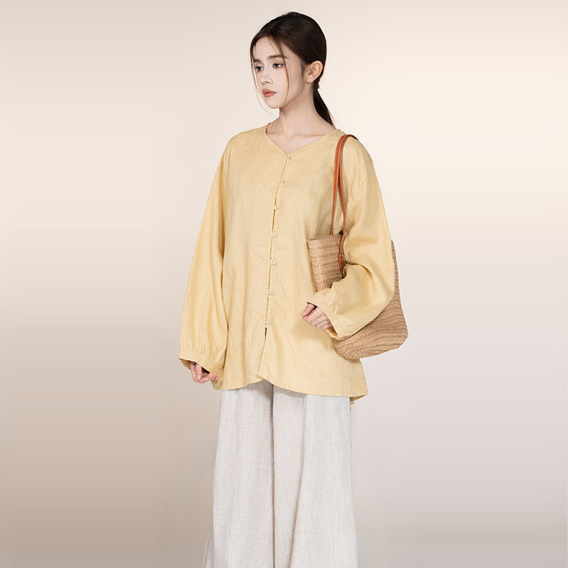 2026文艺早春新款亚麻V领衬衫宽松长袖外搭休闲上衣T恤女装百搭款