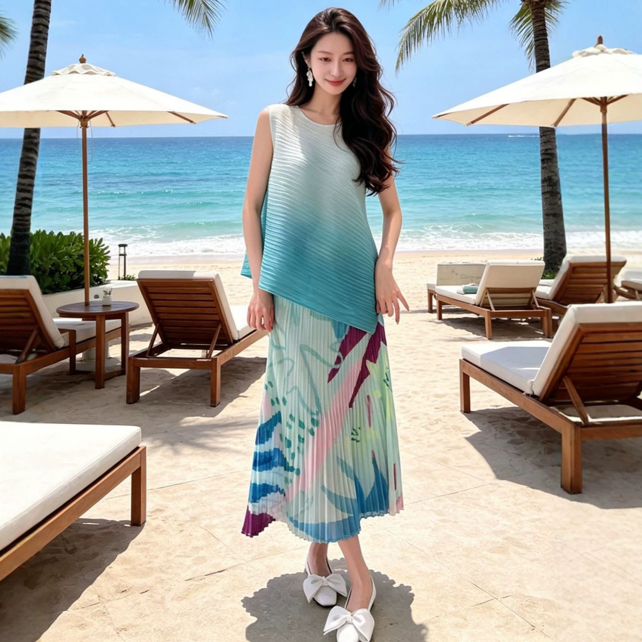 气质女装套装轻奢感渐变t恤印花半身裙旅游度假风三宅两件套时尚