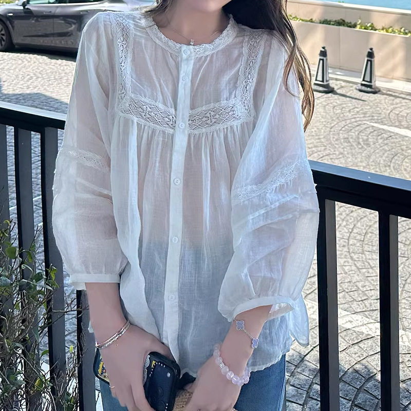 全苎麻灯笼九分袖娃娃衫法式拼接蕾丝休闲百搭上衣女日系文艺复古