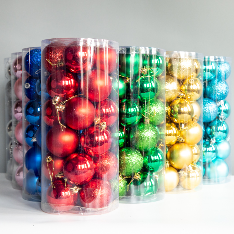 圣诞节装饰4/6/8cm桶装球亮亚粉套装塑料电镀球吊顶天花板挂件