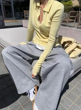 ALL IN 老钱风纯欲假两件V领半排扣翻领长袖修身polo衫针织上衣