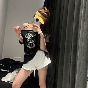 0188Match十三行夏季新品甜美一字肩后背交叉绑带卡通印花短袖T恤