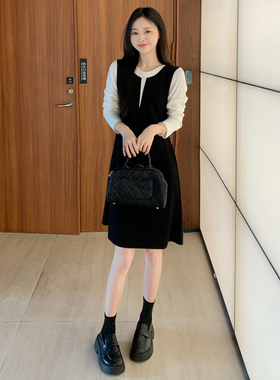 2025秋装新款显瘦长袖假两件拼接圆领中长款气质连衣裙8858