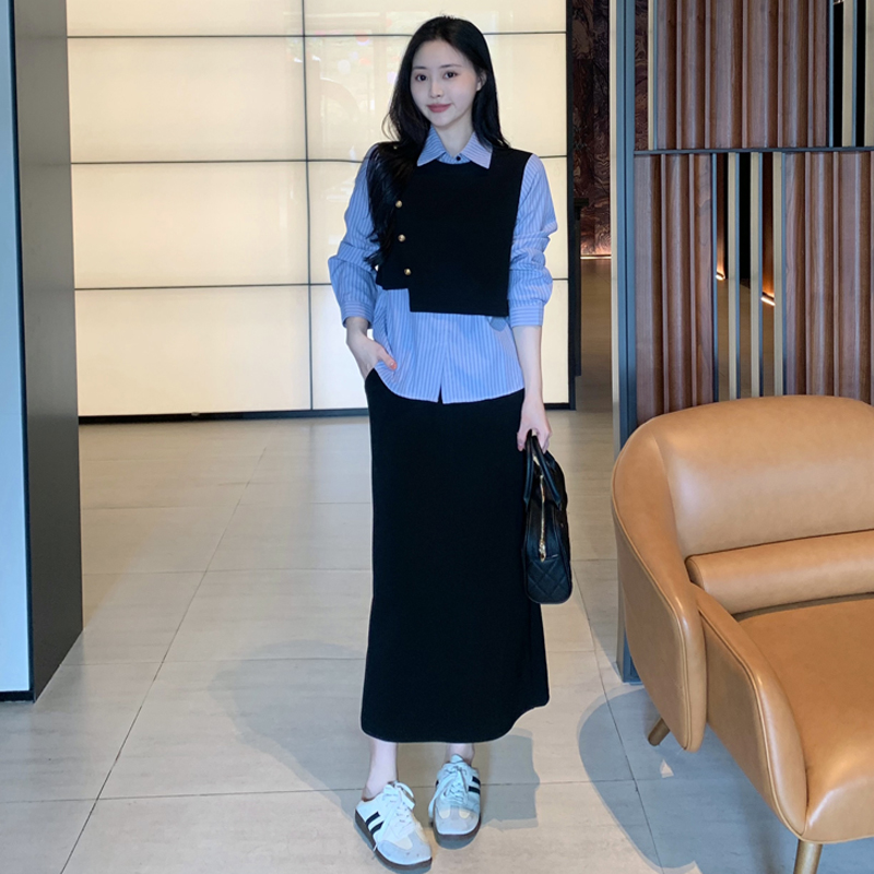 2025秋装假两件撞色长袖上衣时尚减龄显瘦气质半身裙子8883
