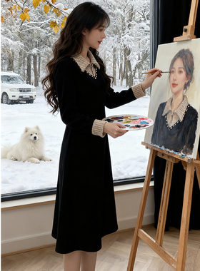 冬款名媛气质连衣裙时尚百搭polo领显瘦加绒打底裙8933