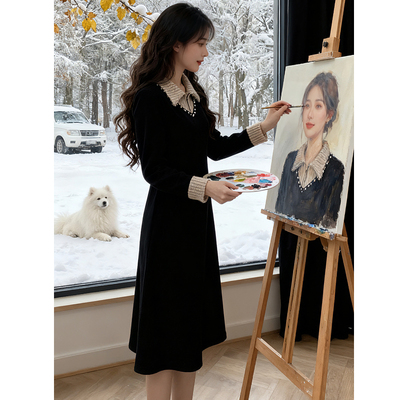 冬款名媛气质连衣裙时尚百搭polo领显瘦加绒打底裙8933
