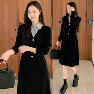 2025秋冬款高级感时尚连衣裙假两件撞色遮肚子显瘦裙子8862