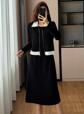 2025秋冬款韩系优雅风连衣裙假两件撞色翻领长袖A字裙女8612