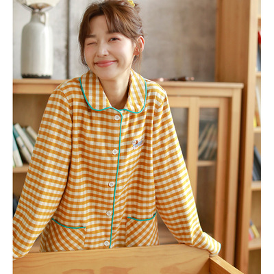 秋冬季睡衣女士纯棉磨毛绒布日系甜美格纹可外穿家居服长袖套装