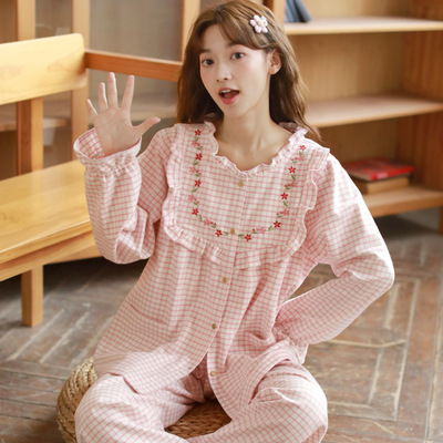秋季新款纯棉磨毛甜美刺绣女款清新格纹秋冬长袖家居服套装